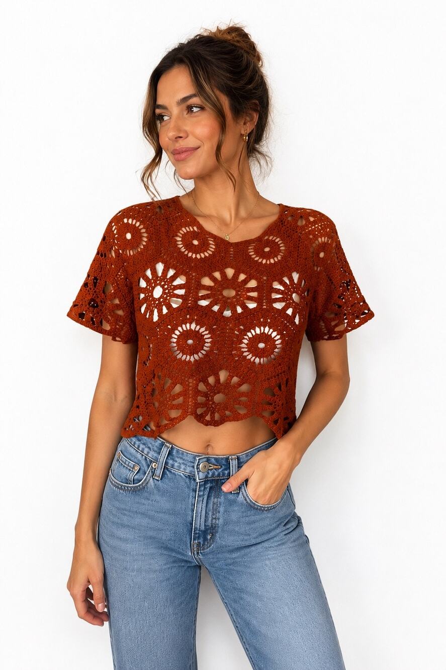 Rebellion Again Rust Orange Crochet Crop Top Small